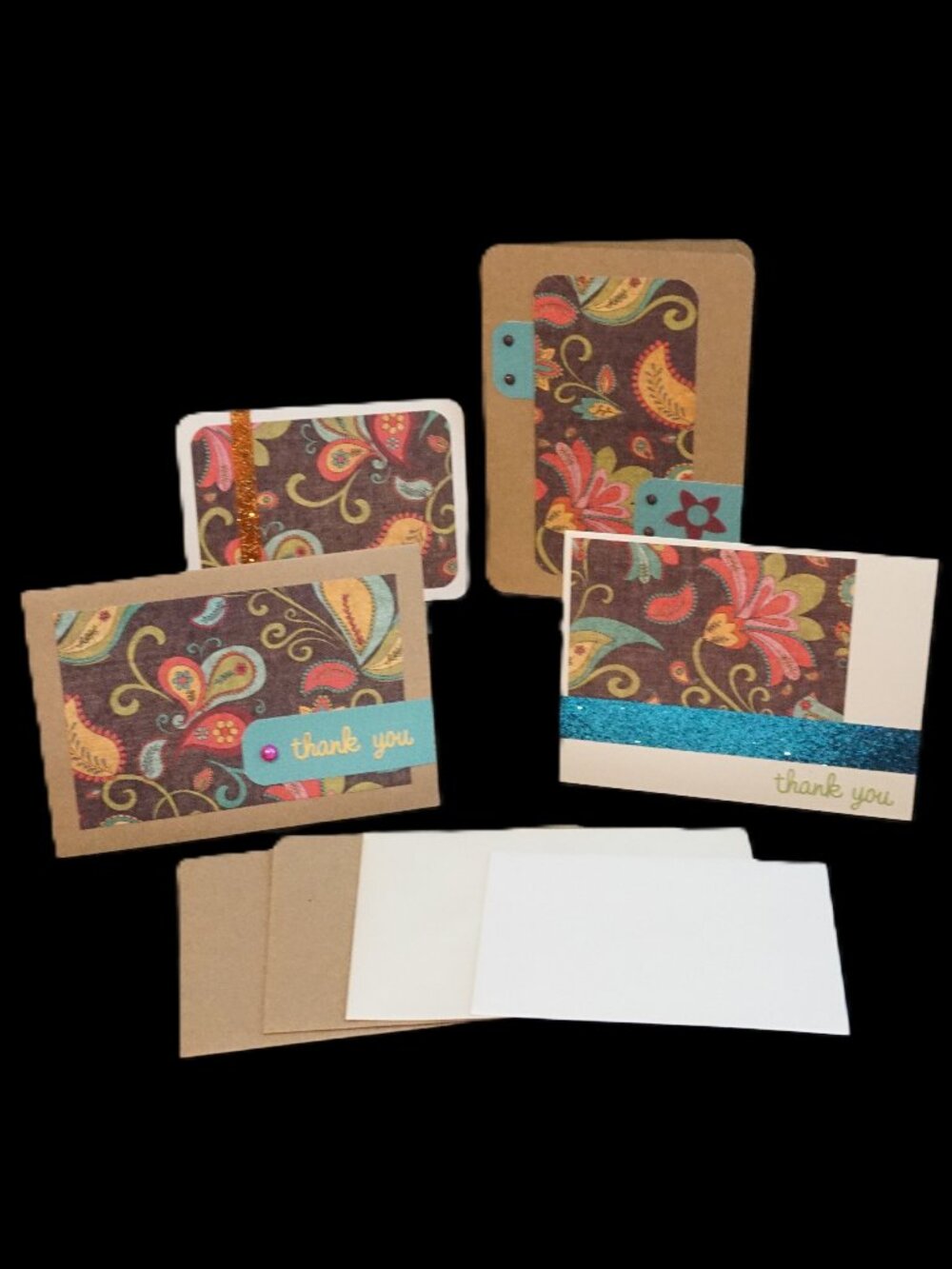 Set of 4 Thank You Handmade Greeting Note Cards Brown and Multi Color Paisley
